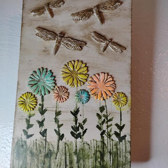 Wood Key Holder w/ Flowers and Dragonflies. Handmade. 3 Key Hooks at Bottom. - Picture 3 of 6